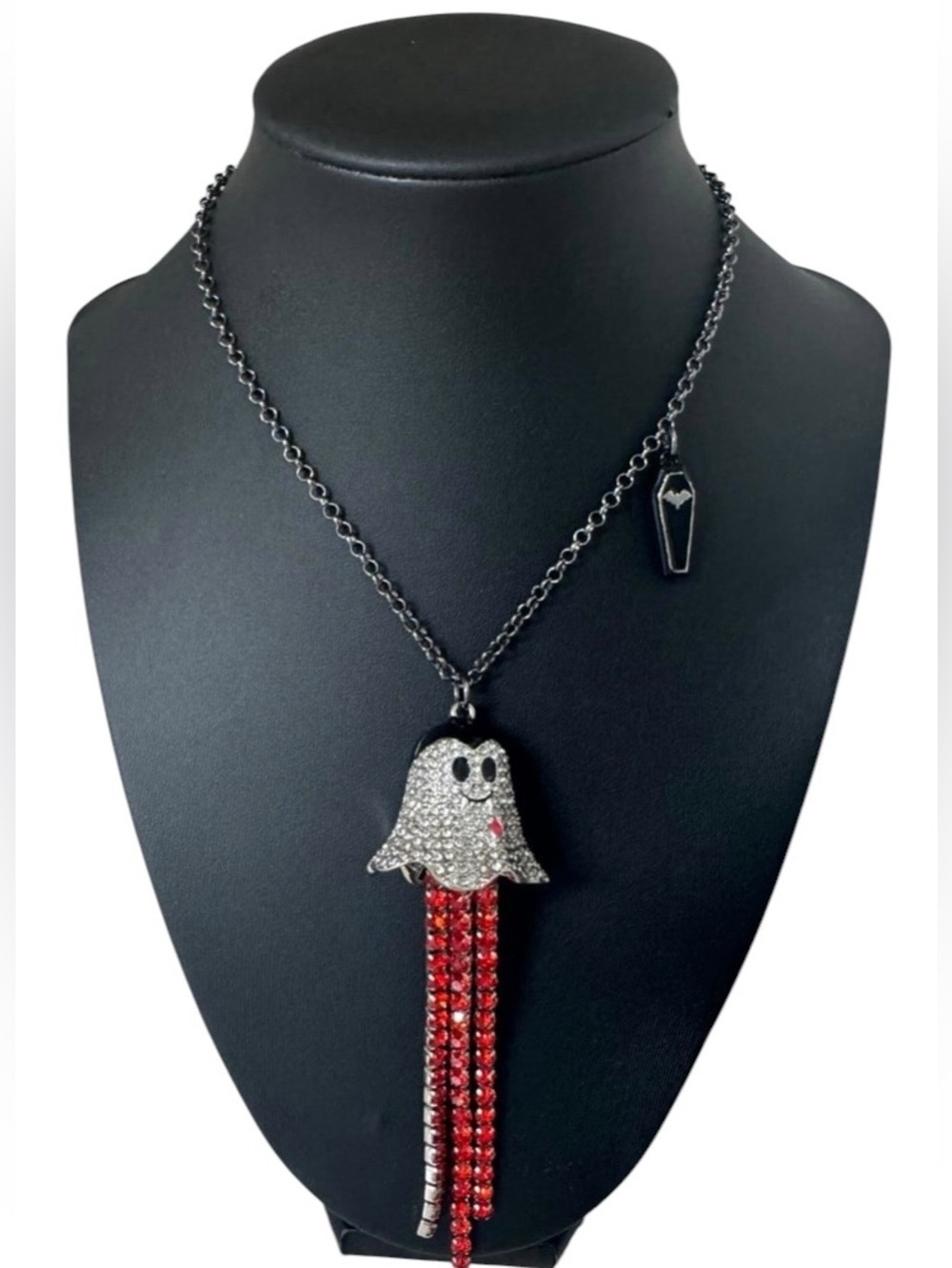 BETSEY JOHNSON Halloween Crystal Ghost & Coffin Pendant Necklace NEW NWT
